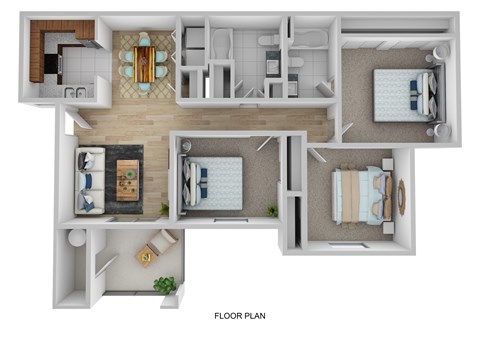 A floor plan of a house with three bedrooms, a living room, a kitchen, and a bathroom.